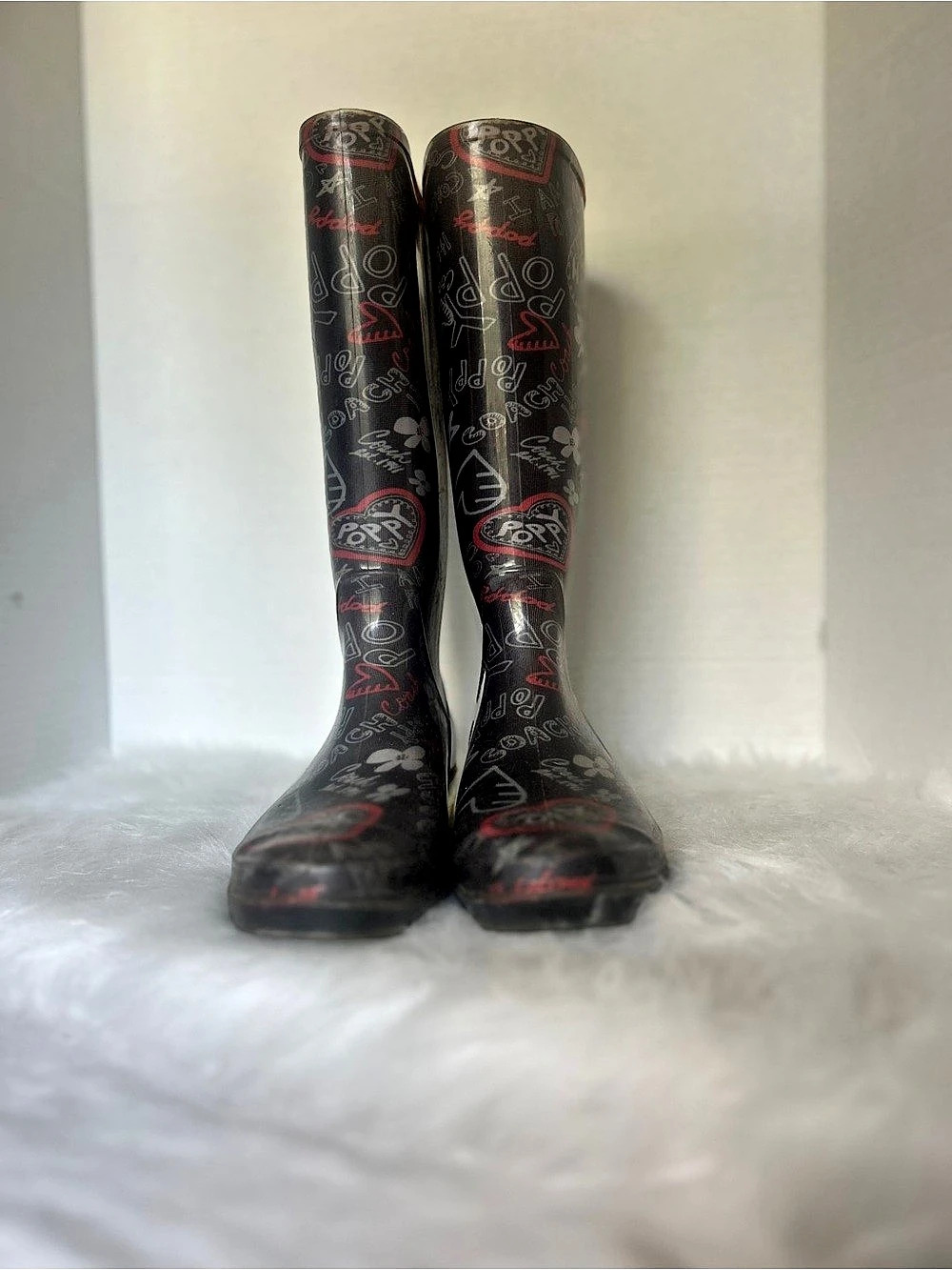Coach Poppy Printed Rain Boots in Black & Red